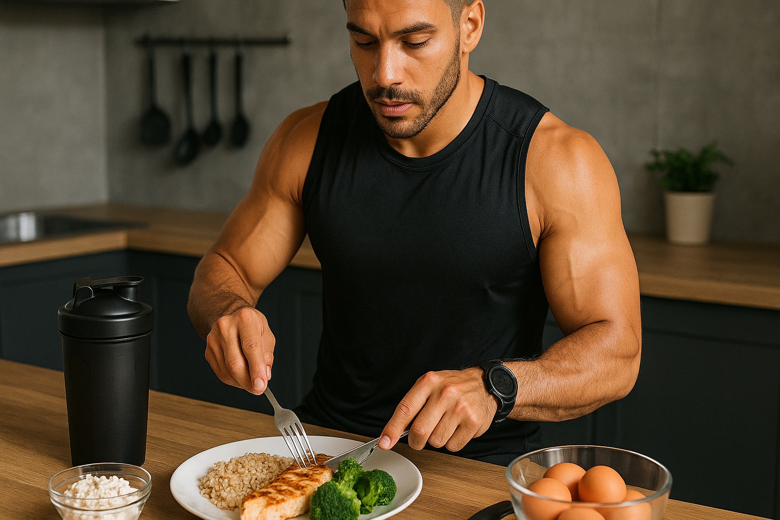 Athlete preparing a protein-rich meal after training