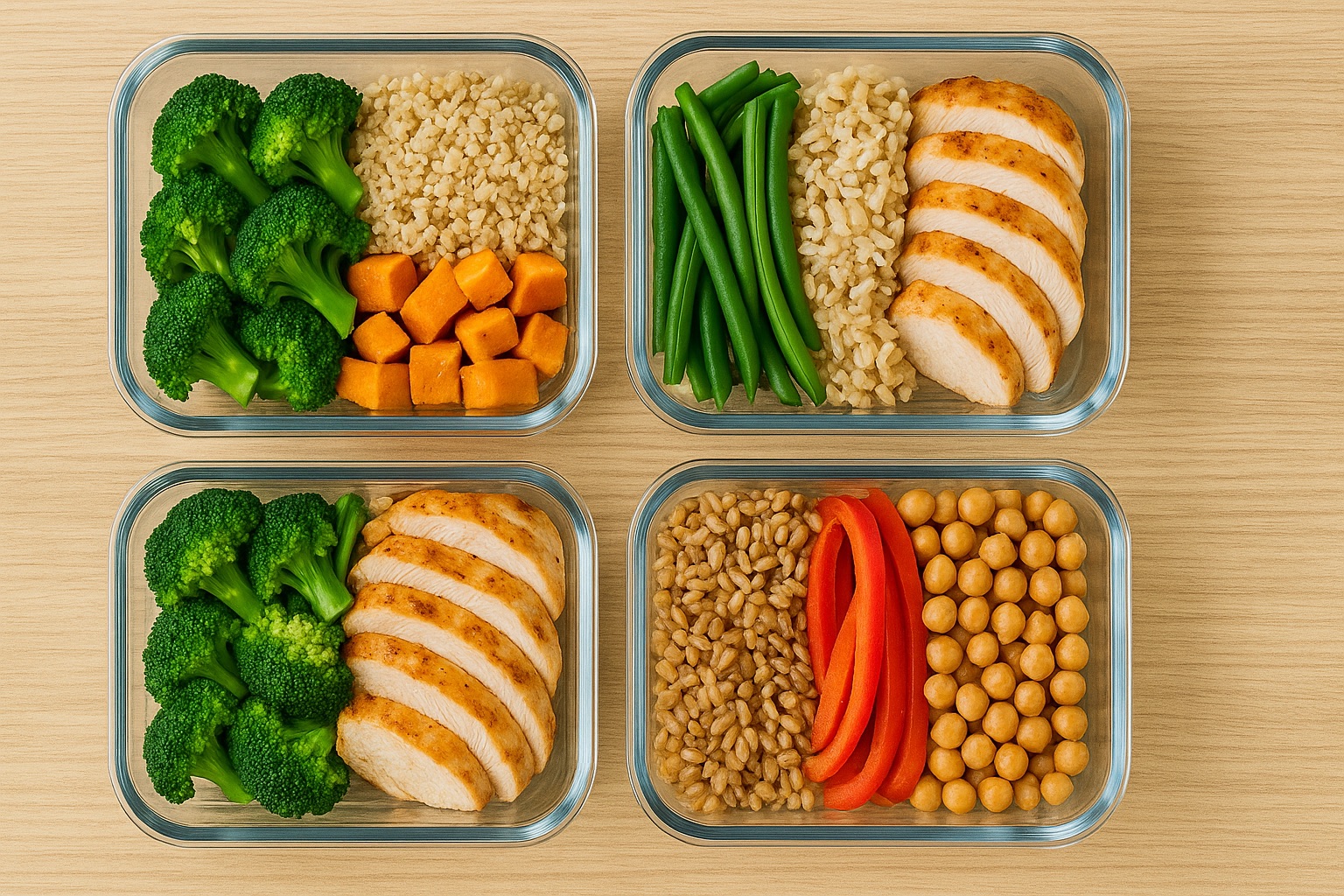 Meal prep containers filled with colorful vegetables, grains, and proteins